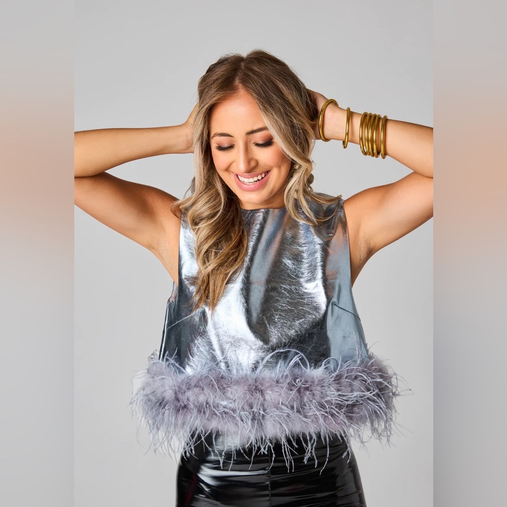 Buddy Love Queenie Metallic Feather Trim Top Silver Large